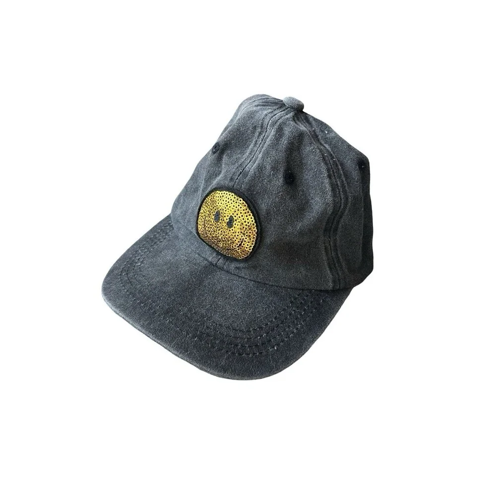 Black Dad Hat Gold Sequin Smiley Face Adjustable Strapback Emoji Cap Unisex